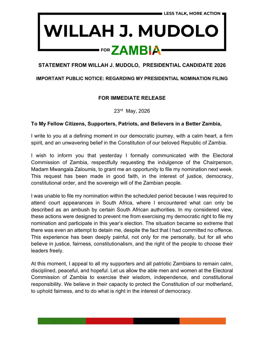 wjmudolo's tweet photo. Statement from Willah J. Mudolo

IMPORTANT PUBLIC NOTICE

#Zambia https://t.co/39JZJOQ5Pu