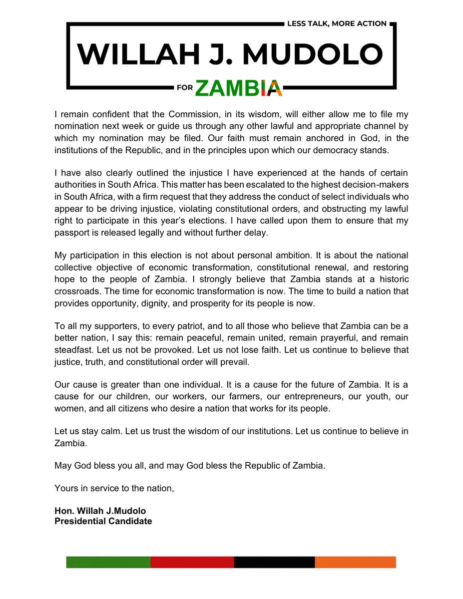 wjmudolo's tweet photo. Statement from Willah J. Mudolo

IMPORTANT PUBLIC NOTICE

#Zambia https://t.co/39JZJOQ5Pu