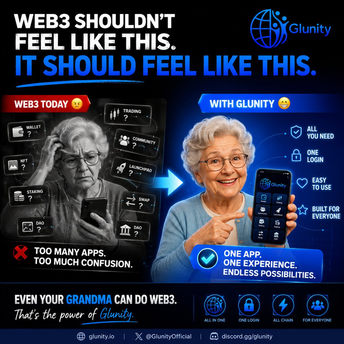 Glunity_org's tweet photo. Web3 is so fragmented that even experts get confused.

Wallet here. Trading there. Community somewhere else. Launchpads on another app.

With Glunity, even your grandma can navigate Web3 without asking, “Which app is for what?”

One app. One login. One Web3 experience.

#Glunity https://t.co/WEfMaadx7C