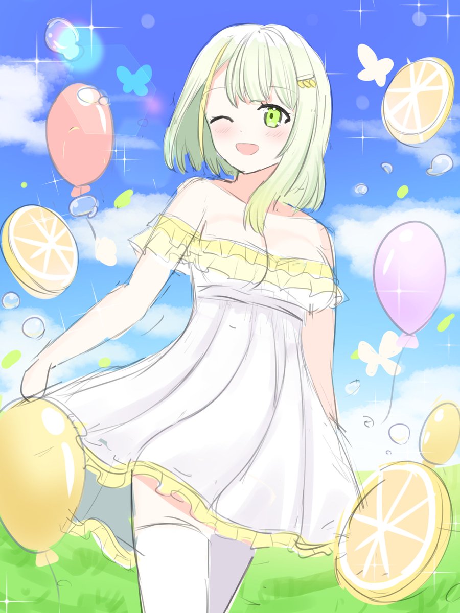 MinadukiCiel's tweet photo. お絵描き練習46日目
カラーラフ中、紡乃世詞音と爽やかさをイメージ
↓後で確認したいところ
風船とレモンの位置が直線になってる
レモンが浮いている
ワンピースのシワの塗り
表情
髪 https://t.co/YUfBzHlXzt