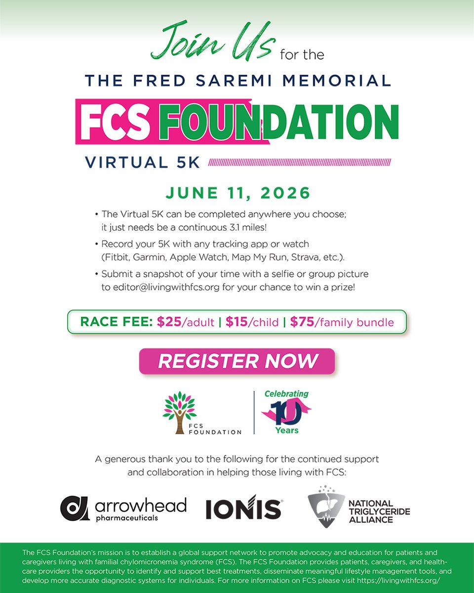 TGDisorders's tweet photo. 🏃‍♂️ Join the Fred Saremi Memorial FCS Foundation Virtual 5K 💙

FCS is a rare genetic disorder (1 in 1M) that prevents the body from breaking down fats, often leading to life-threatening pancreatitis.

Support awareness, education &amp; care.

https://t.co/9qDMLhVQEH https://t.co/QYhJyqDUiS