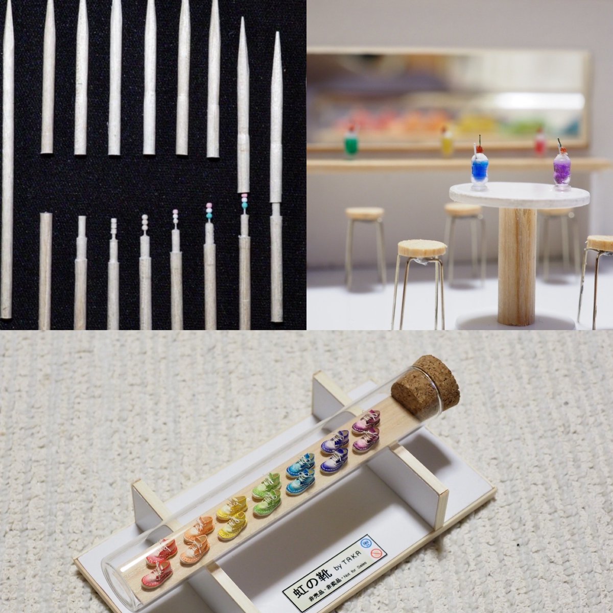 rootap's tweet photo. ミニチュア写真の世界展 in 名古屋 スタート
TAKAの作品は…

つまようじの中にだんごを作る方法
　さぁみんなで爪楊枝の中に
　三色団子を作ろう！

ちっさなクリームソーダがおいしいお店
　５色の極小クリームソーダ
　お客さんどこかなぁ
　　
虹の靴
　あれ？虹が落ちてきて靴が虹色に！ https://t.co/xFqbtIxfvB
