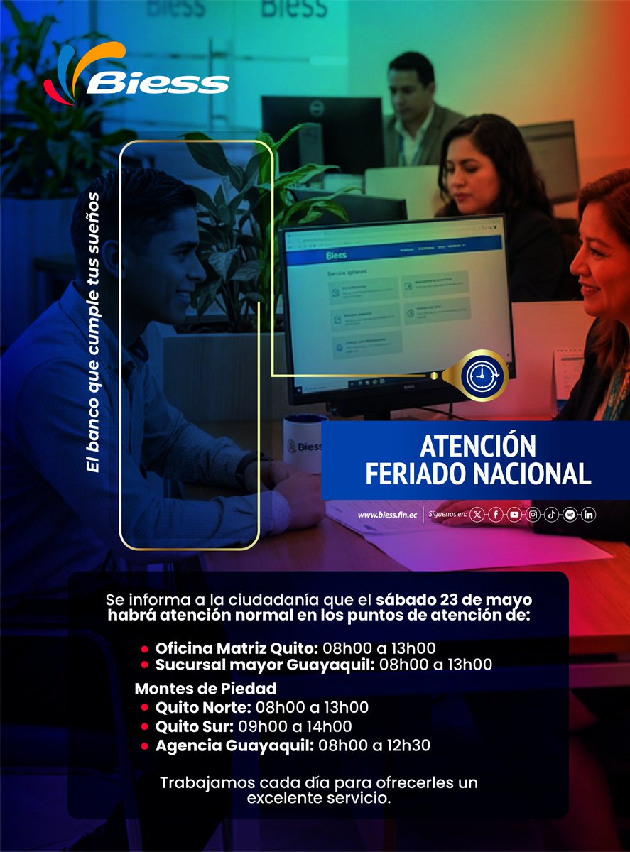 BiessEcuador's tweet photo. #BiessInforma

Conoce nuestros horarios de atención para este sábado 23 de mayo.

Mantente informado por nuestros canales oficiales.

#BiessATuServicio https://t.co/KLO9EOH686