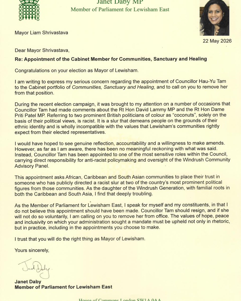 elliereeves's tweet photo. A powerful letter from Janet Daby, who is absolutely right to call this out. 

Deleting a post, but failing to make amends and not even provide an apology is not good enough. I echo Janet's call for Mayor Shrivastava and Lewisham Greens to address this now and restore trust. https://t.co/r8M2pE3TRx