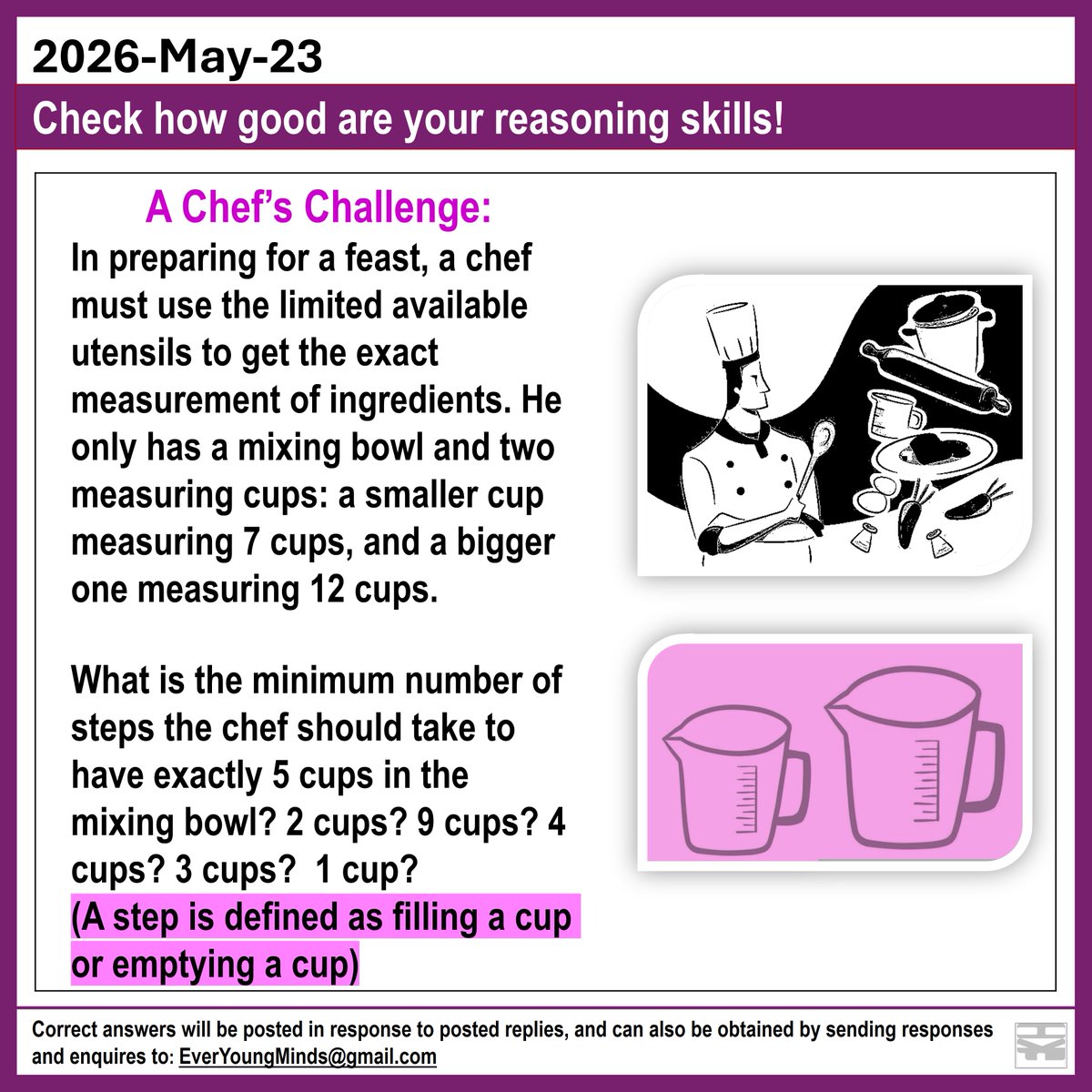 EverYoungMinds's tweet photo. #mentalgames #brainteaser #measuringcups #math #analyticalskills #EverYoungMinds #brainexercise #sharpenyourmind #smart #selfdevelopment #arithmetic #everyoungminds_2026_gym #puzzles #singlelinedrawing #sharpenyourskills #games #matchstick #teachersresources #مرن_عقلك https://t.co/BxkGoK4QsP