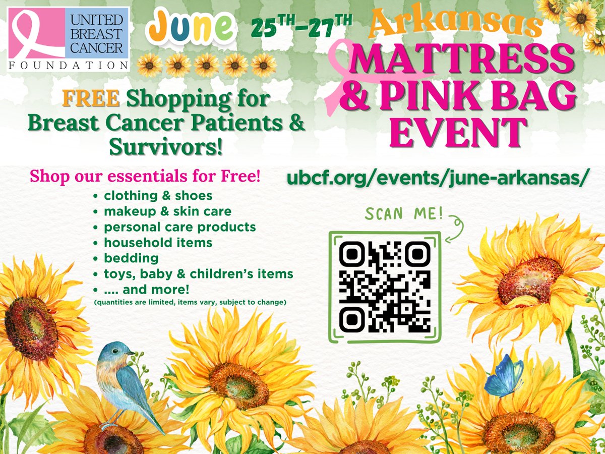 UBCF's tweet photo. Announcing our next #Arkansas #PinkBagEvent! June 25th-27th, #UBCF will open its doors at our Jonesboro location to host #breastcancer patients &amp; survivors for a day of hope, support, &amp; #freeshopping!! Visit https://t.co/8aRdyxUsFA or scan the QR code to start your application! https://t.co/tUnT2GMC83