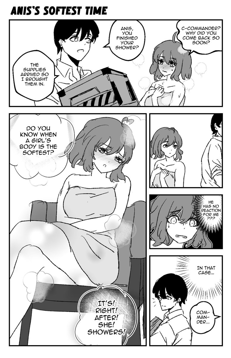 bluenosaurus's tweet photo. Anis in just a towel? I feel like I've seen this somewhere before...

#NIKKE #comic https://t.co/Yueg34Zxkr