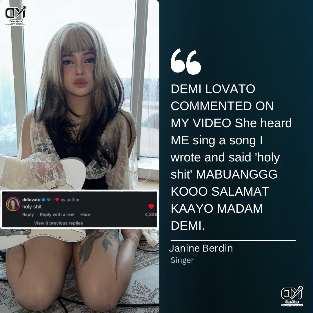 dearmareph's tweet photo. 'MABUANGGG KOOO SALAMAT KAAYO MADAM DEMI!'  Ito ang naging reaksyon ng singer na si Janine Berdin matapos niyang ibahagi sa social media ang screenshot ng komento ng international pop star na si Demi Lovato sa kanyang TikTok video na  "holy sh*t.

 #DearMare
#JanineBerdin #Demi https://t.co/2wYi84SxsK