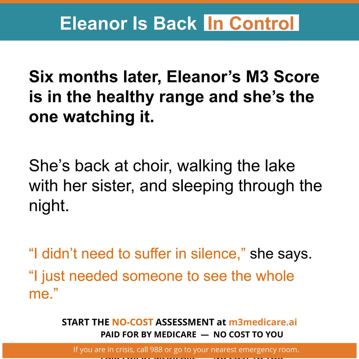 MedicareMood's tweet photo. Eleanor lost her husband last spring but a year later she still felt frozen until https://t.co/kC0LB74JXK showed her the full picture

#mentalhealth #medicare #seniorhealth #mentalhealthmonth #m3medicareAI https://t.co/5GCOYIdspG