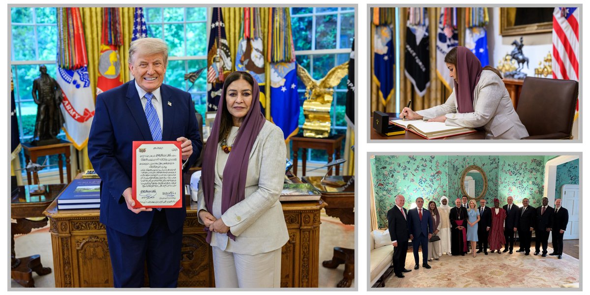 AmbJamilaRajaa's tweet photo. I had the honor of presenting the letters accrediting me as Ambassador Extraordinary and Plenipotentiary of Yemen to his Excellency President Donald Trump. I also conveyed the greetings and best wishes of His Excellency Dr. Rashad Al-Alimi, Chairman of the Presidential Leadership Council. I look forward to working closely with the Trump administration to further strengthen the friendship and cooperation between our two nations.

© Official Photos by the White House

تشرفتُ بتقديم أوراق اعتمادي سفيرةً فوق العادة ومفوضةً للجمهورية اليمنية الى فخامة الرئيس دونالد ترامب. كما نقلتُ لفخامته تحيات وتمنيات فخامة رئيس مجلس القيادة الرئاسي، الدكتور رشاد العليمي. وأتطلع إلى العمل بشكل وثيق مع إدارة ترامب من أجل تعزيز علاقات الصداقة والتعاون بين بلدينا.

© صور رسمية من البيت الأبيض