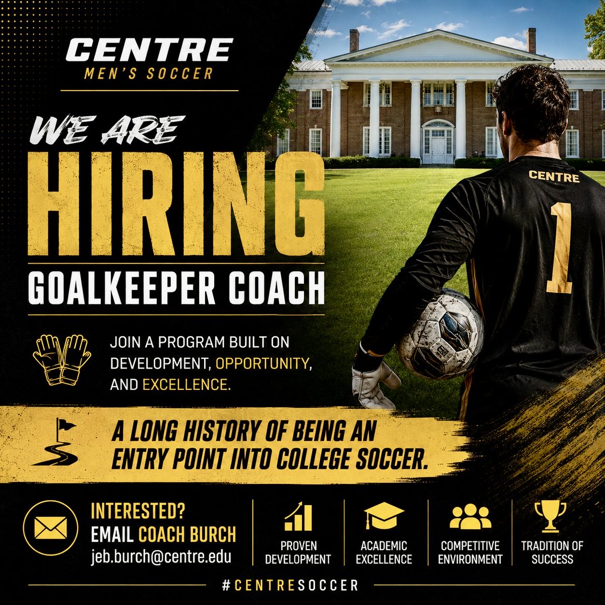 CentreSoccer's tweet photo. 🧤 WE’RE HIRING 🧤

#CentreSoccer is looking for a Goalkeeper Coach to join our staff at Centre College ⚽️

A great entry point into college soccer coaching with elite facilities, competitive environment &amp; strong mentorship.

📧 jeb.burch@centre.edu

#NCAASoccer #CollegeSoccer https://t.co/kXlt4UxM7D