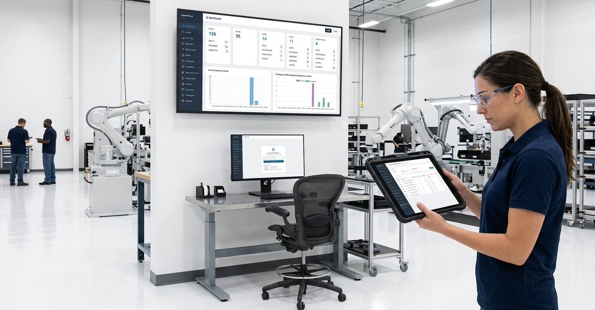 Savant3D's tweet photo. Savant is built for the modern factory floor. 

Display live production dashboards on wall monitors, pull up prototype BOMs on a tablet or iPad, and instantly access parts, drawings, and documentation by scanning barcodes at a workstation. 

Try free at https://t.co/l8s8ecdBKj https://t.co/5bnBwPyXNW