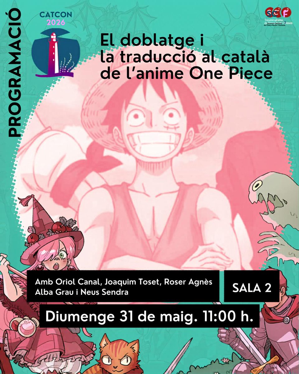 Sc2f2's tweet photo. 📢 PROGRAMACIÓ CATCON 2026

DIUMENGE 31 – SALA 2-🕰️ 11:00 HORES

Xerrada amb el traductor, assessor i algun dels actors de doblatge dels nous capítols de One Piece en català. Parlaran de tot el procés d’un doblatge al català, des que es tradueix fins que es dobla i s’estrena. 
⏬ https://t.co/4M8c19UB4N