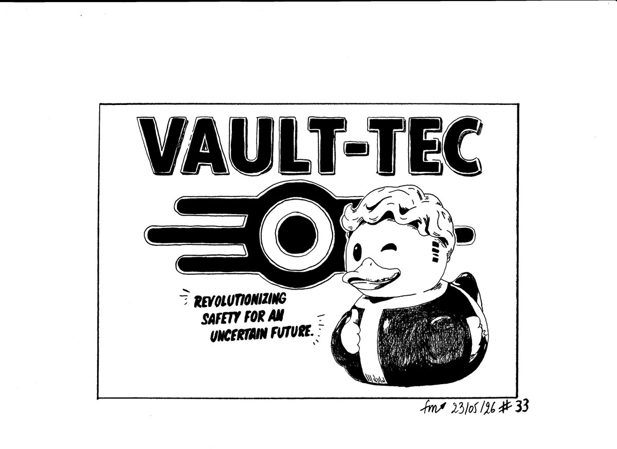 ludumfabulafm's tweet photo. ☢️« Coin, coin, coin… coooiiiinnnn ! »
Traduction : « Une révolution pour votre sécurité dans un monde incertain. Choisissez Vault-Tec ! » ☢️

#FalloutFanArt #VaultTec #RetroFuture #InkDrawing https://t.co/njhh4StwI5