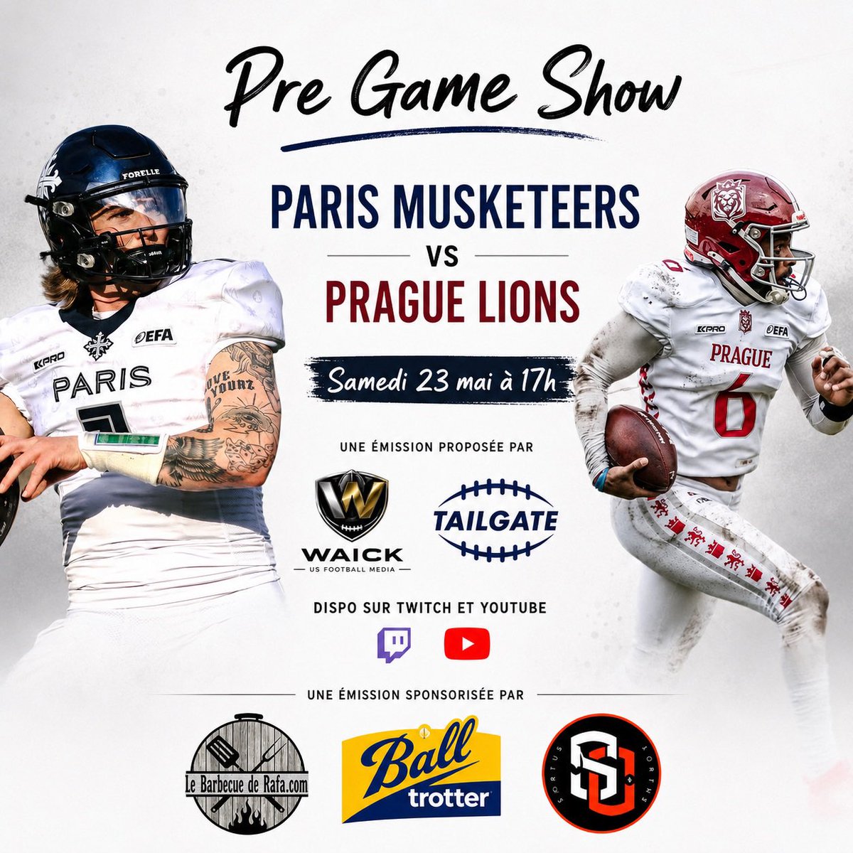 tailgatepodfr's tweet photo. 📺 Pre Game Show des @parismusketeers 

Dans 10 minutes rendez-vous pour la preview du premier match des Paris Musketeers face aux Prague Lions!

Rdv sur Twitch (tailgatefr) ou YouTube (tailgateFR) https://t.co/gITLTKCLtR