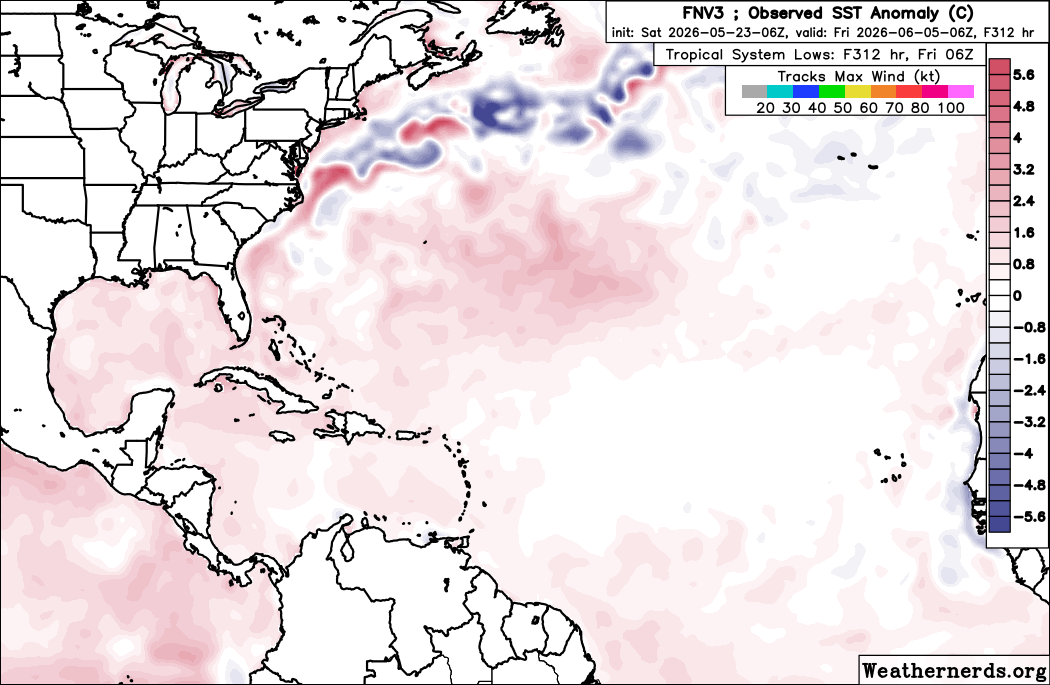 AndyHazelton's tweet photo. Euro ensembles with a very slight signal for some possible development off the East Coast in 10 days or so. Pretty typical place for storms to develop in the early season and during #ElNiño. 

Worth noting, though, that as of right now Google DeepMind is not really picking up any signal for development, and last year it was pretty good at "sniffing things out". So I'm not that intrigued yet for the possibility of our first named storm.

It does look like a lot of moisture will be coming North, though, which will enhance rain chances and hopefully bring some needed drought relief to the Southeast.