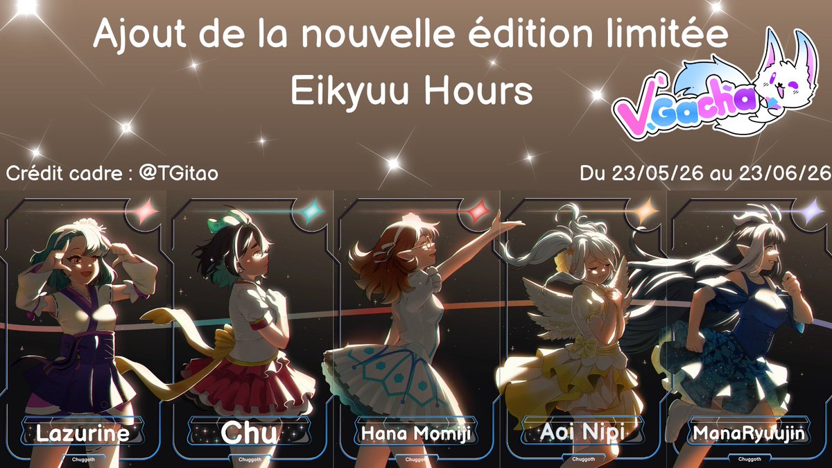 VGacha_bot's tweet photo. Update !

Nouvelle édition limitée pour fêter la sortie de la cover Eikyuu Hours de @HanaMomijii, @ManaRyuujin, @Chuggoth, @Lazurine_ et Aoi ! 

Le lien de la cover a été ajouté dans le show id des cartes

Vous avez un mois pour les obtenir !

#vtuberfr #vgacha https://t.co/rkcw8gJk9S