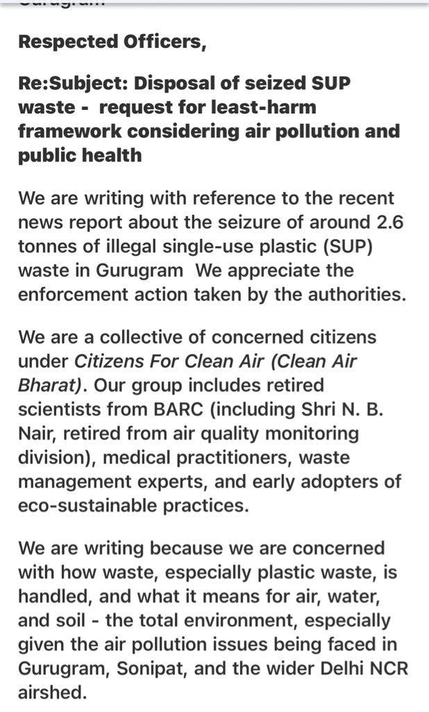 cleanAirBharat's tweet photo. We have  today submitted a letter to HSPCB and concerned authorities requesting a least-harm scientific hierarchy for disposal of seized SUP waste in Gurugram.

This is important for air quality and public health in the NCR region.

Disposal should prioritise material recovery and co-processing, with Waste-to-Energy as a last resort.

Seizure of -2.6 tonnes of illegal SUP waste is a welcome enforcement step by Gurugram authorities. 

(HT report: https://t.co/o1vQWX2U22)

@CAQM_Official @CPCB_OFFICIAL @Haryana_spcb @HspcbN @MunCorpGurugram @DC_Gurugram @OfficialGMDA 

#AirQuality #DelhiNCR #CleanAir #PublicHealth #WasteManagement #PlasticWaste

@CSIR_IND @moefcc @BARCIndia 

@ab_reports_  @HTGurgaon @htTweets