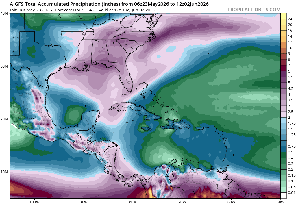 AndyHazelton's tweet photo. Euro ensembles with a very slight signal for some possible development off the East Coast in 10 days or so. Pretty typical place for storms to develop in the early season and during #ElNiño. 

Worth noting, though, that as of right now Google DeepMind is not really picking up any signal for development, and last year it was pretty good at "sniffing things out". So I'm not that intrigued yet for the possibility of our first named storm.

It does look like a lot of moisture will be coming North, though, which will enhance rain chances and hopefully bring some needed drought relief to the Southeast.