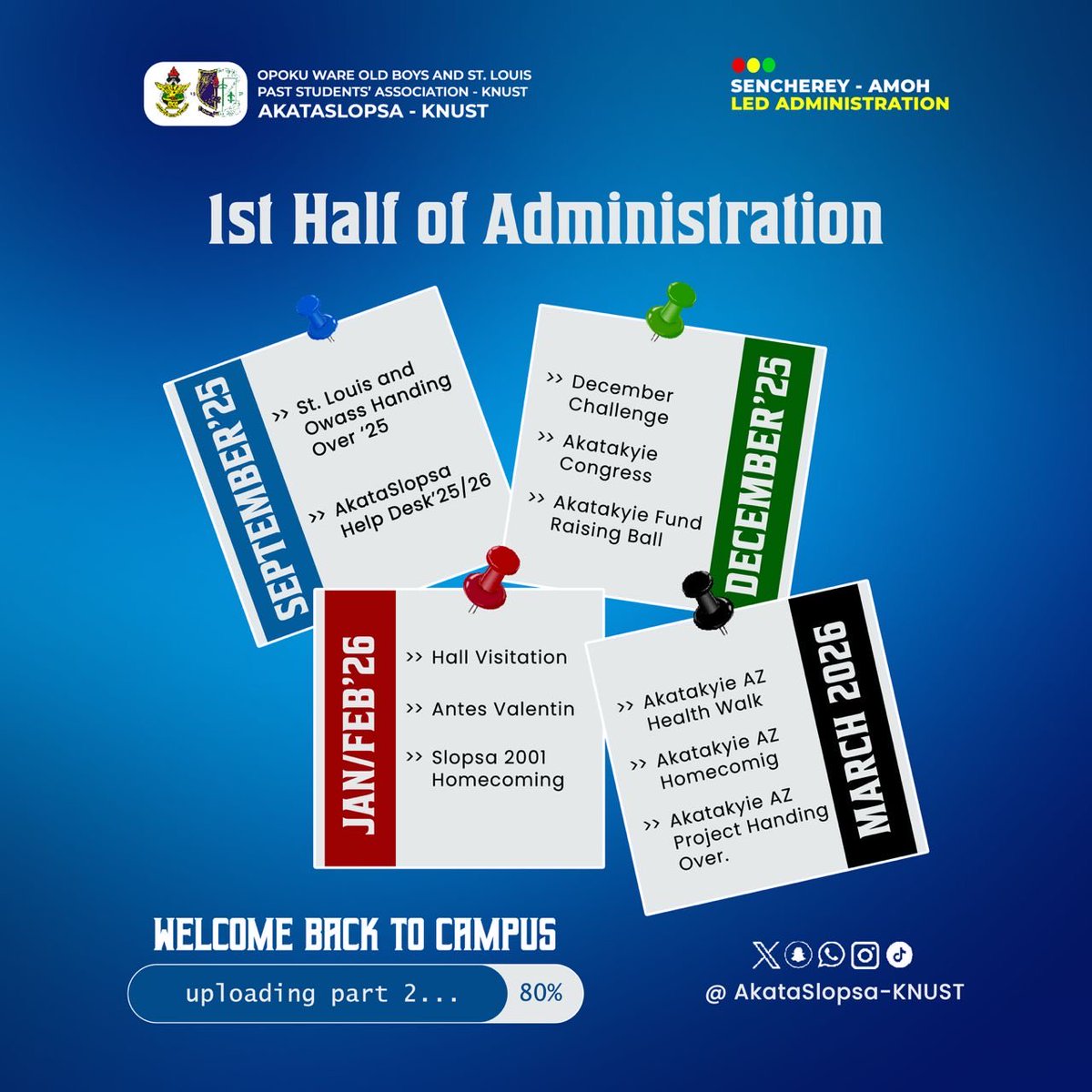 AkataSlopsaUST's tweet photo. *WATCH THIS SPACE*🔥
The first half of administration has been filled with growth, support, and showing up for our people🎉
From hall visitations to congresses, health walks, challenges, fundraisers, and project handovers, we made sure AkataSlopsa-KNUST was represented❤️. https://t.co/deZsQ7vJAn