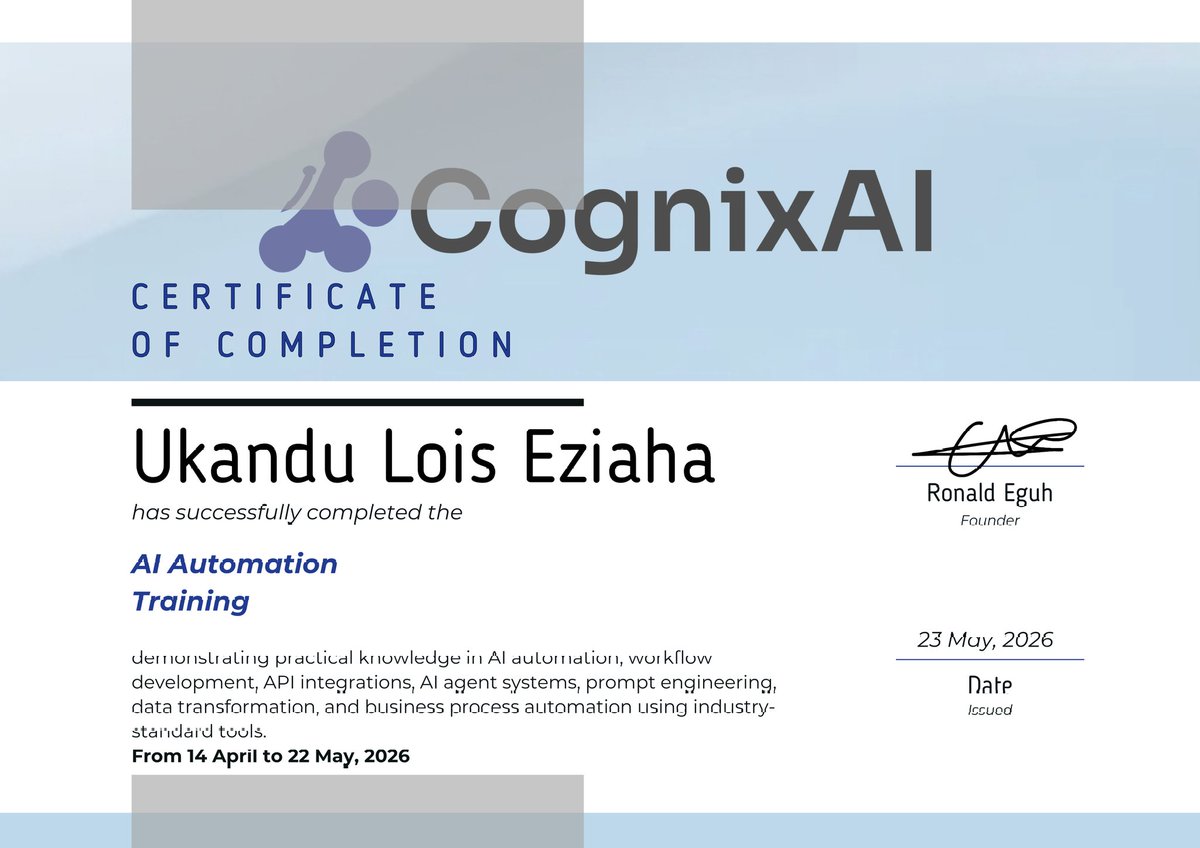 simply_loisUK's tweet photo. Niching is not the problem. Positioning is.
That is what last night's @cognixai_ Skill Marketing session taught me.
Today I graduate as a certified AI Automation Specialist.
Now an AI-enabled VA.
The market is not waiting.
#Techbabby #BuildingInPublicWithCognixAI https://t.co/Xt31e6BfeT