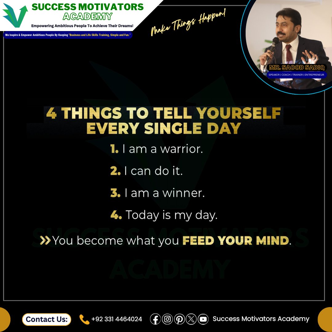 SuccessSMA's tweet photo. 🌟 The Words You Repeat To Yourself Shape The Person You Become.
🚀 Protect Your Mind From Negativity And Feed It With Purpose, Positivity, And Self-Belief. Because The Quality Of Your Thoughts Eventually Becomes The Quality Of Your Life.
#SuccessMotivatorsAcademy #PositiveMind https://t.co/jQUb32gBvP