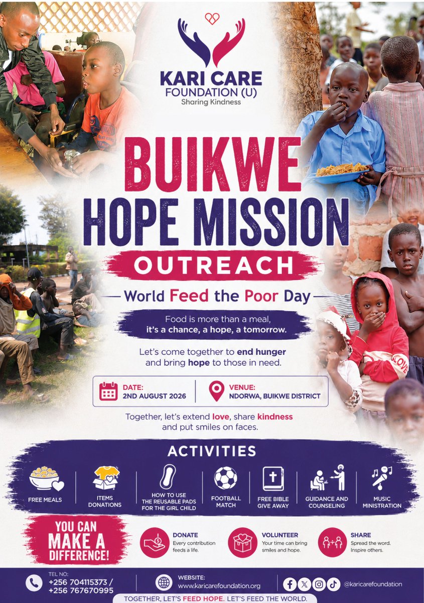 karicarefound's tweet photo. 🌍 BUIKWE HOPE MISSION 2026 | WORLD FEED THE POOR DAY ❤️

A meal can change a day. Kindness can change a life. Hope can change a future.

This 2nd August 2026, Kari Care Foundation (U) will be reaching out to vulnerable children and families in Ndorwa, Buikwe District. https://t.co/4DIO9zCiH0