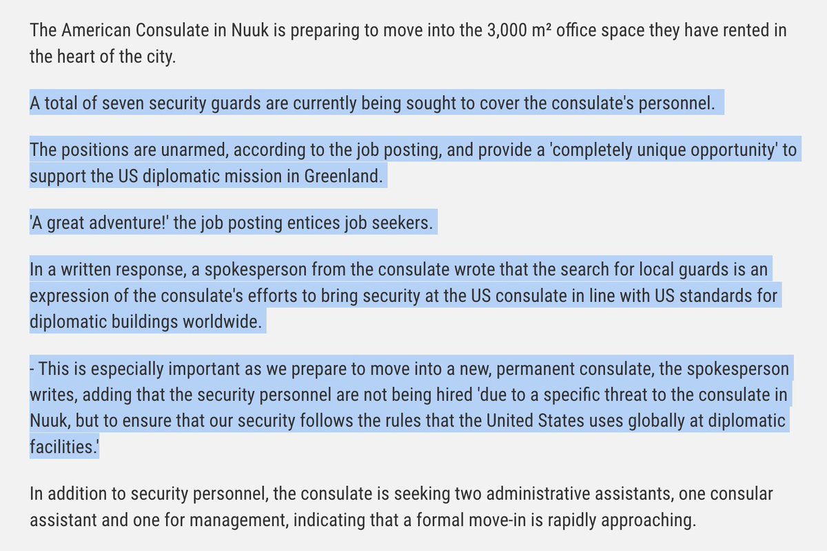 adamfederman's tweet photo. US is looking to hire *7* unarmed security guards for the consulate in Nuuk, according to this March story by @IHullert. Seems like a lot for a sleepy city in the Arctic &amp; would be more than double the number of staff employed at the former location. Hmm. 
https://t.co/O5mJ5Kwno0 https://t.co/LXo6bqhaSk