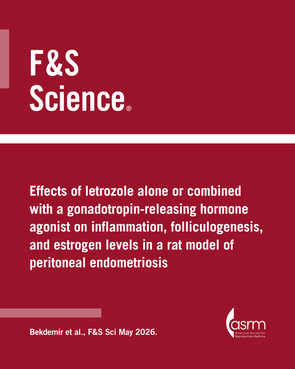 FertStert's tweet photo. 🔴 In F&amp;S Science:

Effects of letrozole alone or combined with a gonadotropin-releasing hormone agonist on inflammation, folliculogenesis, and estrogen levels in a rat model of peritoneal endometriosis

Full text 👇
https://t.co/8t1gJXLYaT https://t.co/gpAyBGNbZq