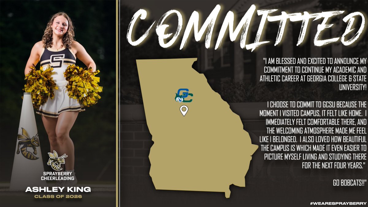 SprayberryATH's tweet photo. Congratulations Ashley on committing to cheer at Georgia College &amp; State University! 
🖤💛🐝📣 ➡️ 💙💚📣
#shspositiveposting #wearesprayberry https://t.co/XVdOc8qn4G