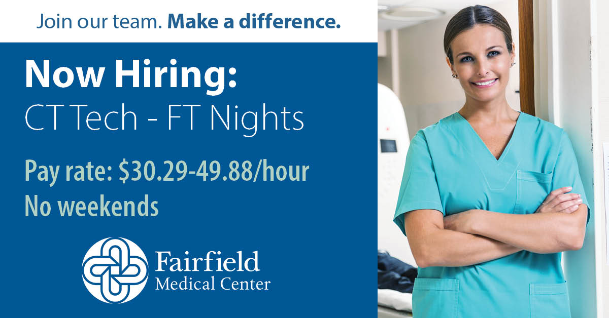 FMCHealth's tweet photo. Fairfield Medical Center is hiring a full-time CT technologist for night shift. To see the full job description, visit https://t.co/6nfngwJfNC https://t.co/VXx4KEK0wQ