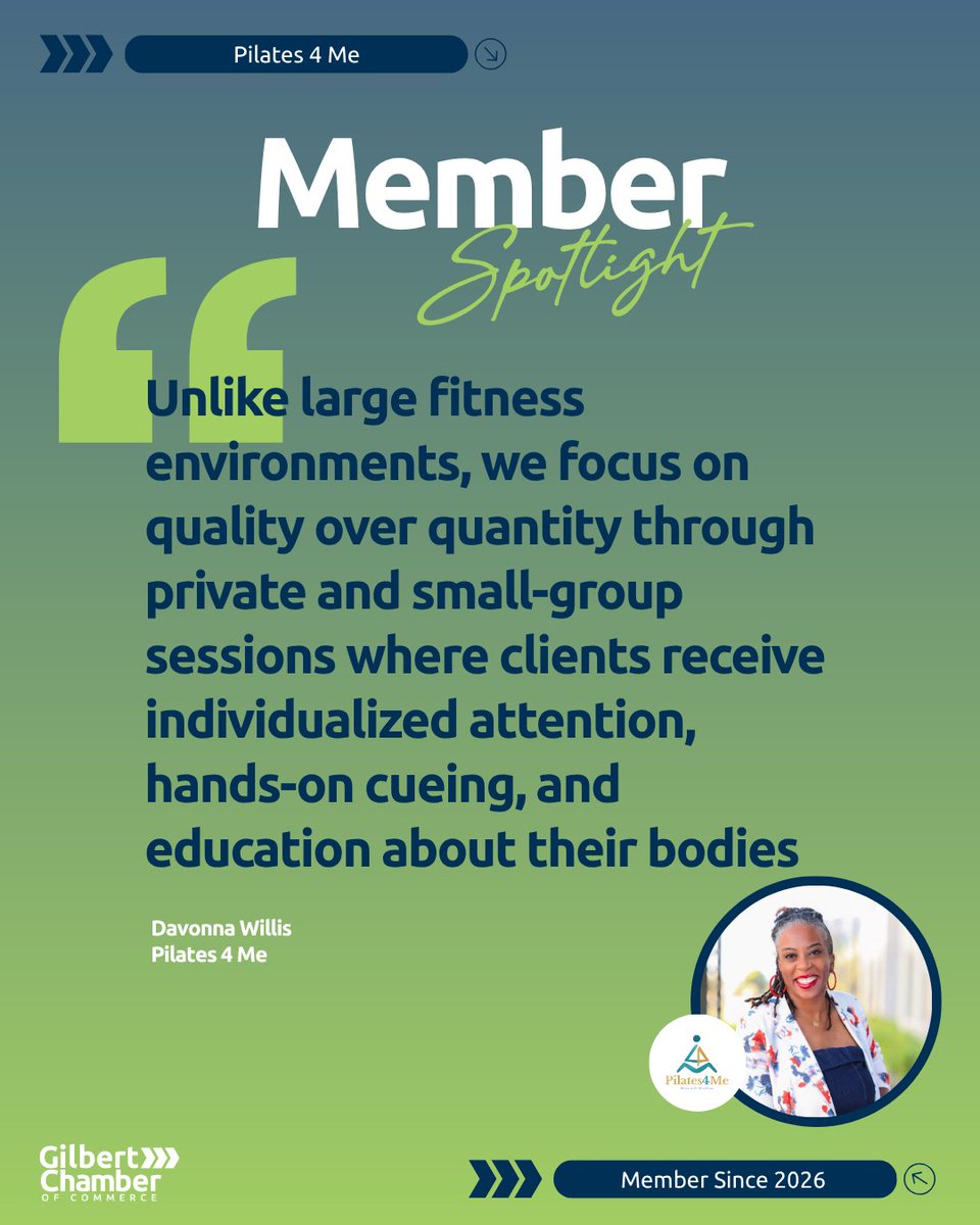 GilbertChamber's tweet photo. Meet Davonna Willis, Owner of Pilates 4 Me! Pilates 4 Me combines personalized Pilates instruction with over 20 years of experience in health education, sports medicine, and bodywork. 

Learn more at https://t.co/Xr71L5GOMc. https://t.co/ampNlwVJMm