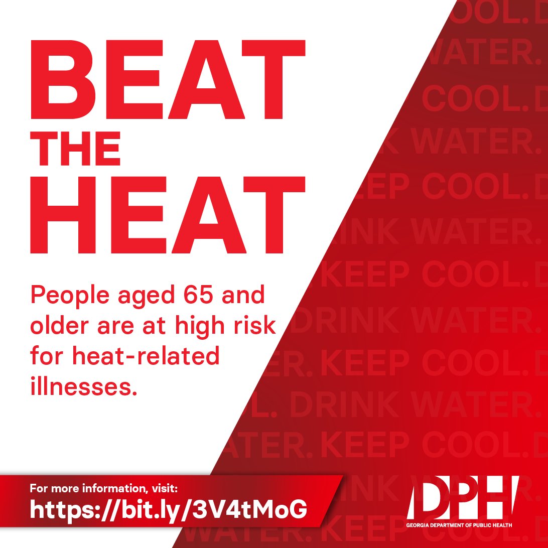 GaDPH's tweet photo. Beat the heat this summer ☀️ Older adults, young children, and people with chronic conditions are at greater risk for heat-related illness. Stay cool, stay hydrated, and check on loved ones. https://t.co/snt8dBnrq3 https://t.co/4n1QicLAGz