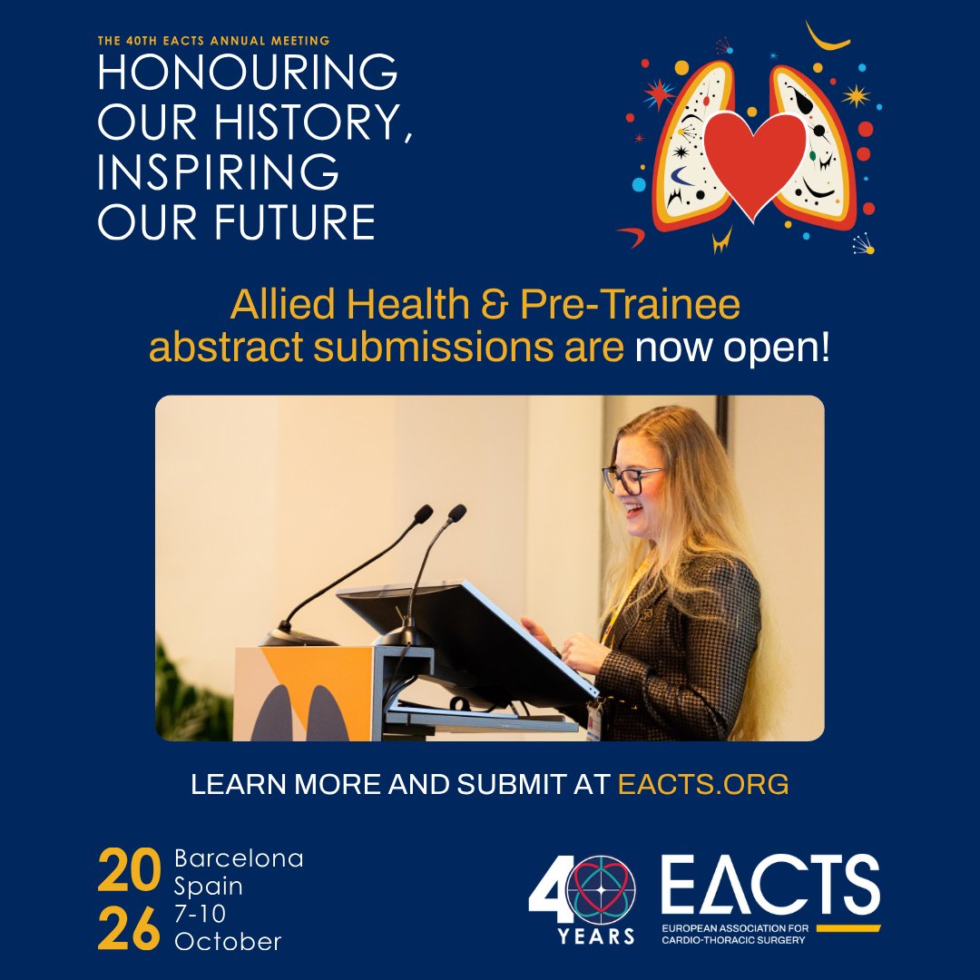 EACTS's tweet photo. 📣 Calling all Allied Health Professionals, Nurses, and Pre-Trainees - abstract submissions are open for the 40th EACTS Annual Meeting.

Have research, a case study, a quality improvement project, or an experience worth sharing? This is your opportunity to contribute to dedicated sessions at this year’s EACTS Annual Meeting and showcase your work to the international cardiothoracic community.

Whether you are taking your first steps in cardiothoracic surgery or helping shape patient care pathways, we want to hear your voice.

🗓️ Abstract submission deadline: 31 July 2026

Submit your abstract ⛓️‍💥 https://t.co/yp6VL1DA0E