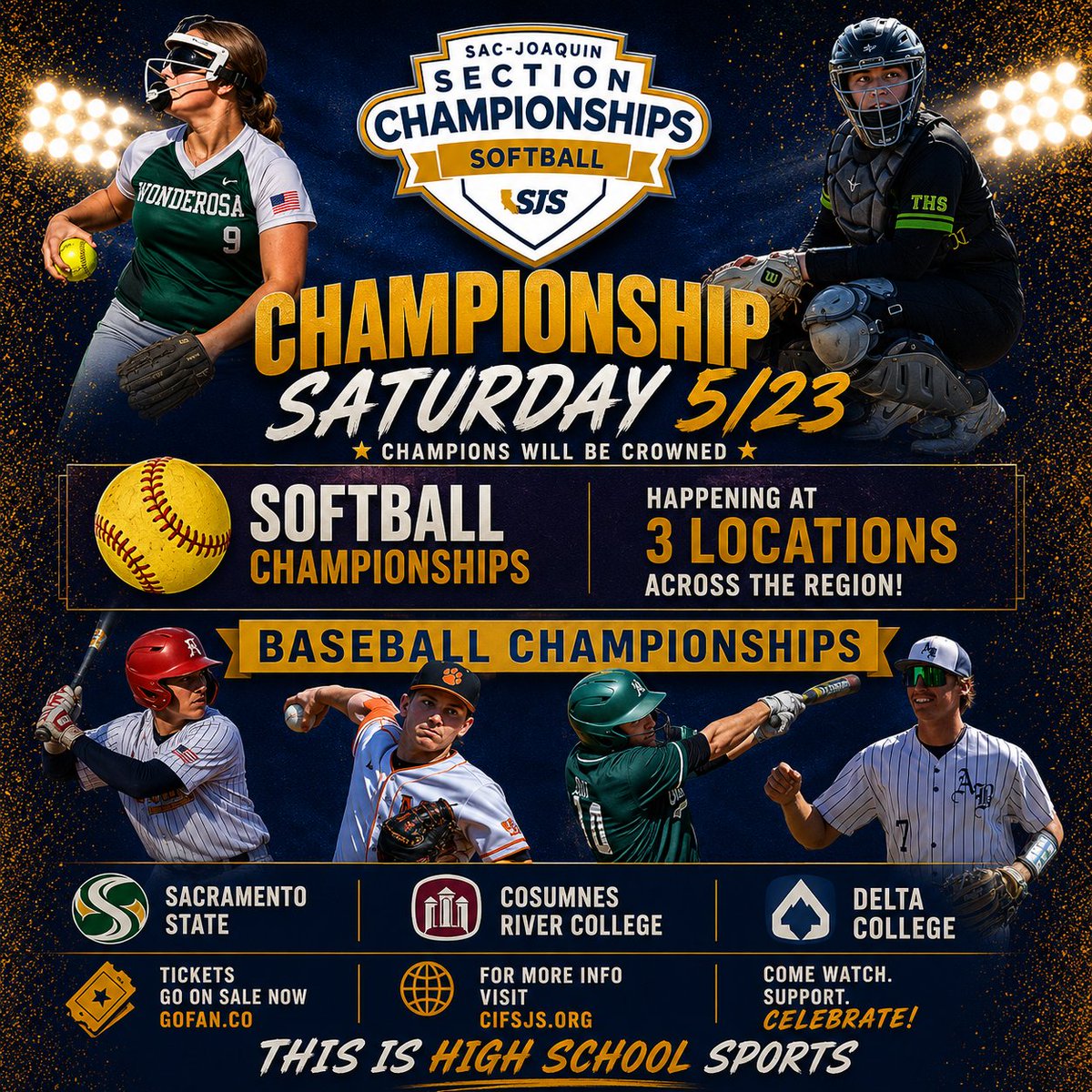 cifsjs's tweet photo. Championship Saturday is Here! The CIF Sac-Joaquin Section postseason reaches its final weekend with a full day of championship action across the region on Saturday, May 23!

🏆 All 7 Softball Division Championships
🏆 Baseball Division 4-7 Championships

Championship games will take place at three outstanding venues throughout the Sac-Joaquin Section as teams compete for Section titles and the opportunity to raise the blue banner. Sacramento State, Cosumnes River College, Delta College

From first pitch to the final out, Championship Saturday will showcase the passion, energy, and excellence of high school athletics at the highest level.

Brackets, championship locations, game times, and tickets are all available now at:
🌐 https://t.co/07igF4C4Da