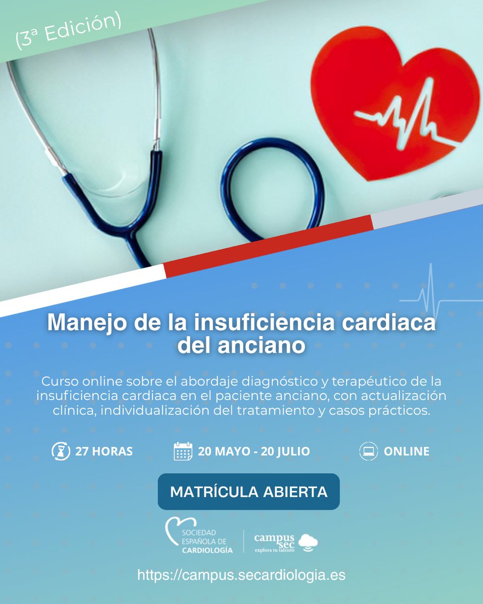 secardiologia's tweet photo. 🎓 #CampusSEC | Manejo de la insuficiencia cardiaca del anciano

Disponible la 3.ª edición de este curso online sobre peculiaridades del paciente anciano con IC, individualización del tratamiento, novedades terapéuticas y casos clínicos.

📅 20 mayo–20 julio
⏱️ 27 h
✅ 27 créditos CASEC

🔗 Inscripción: https://t.co/HKuQPEoVHc

@MMSelles