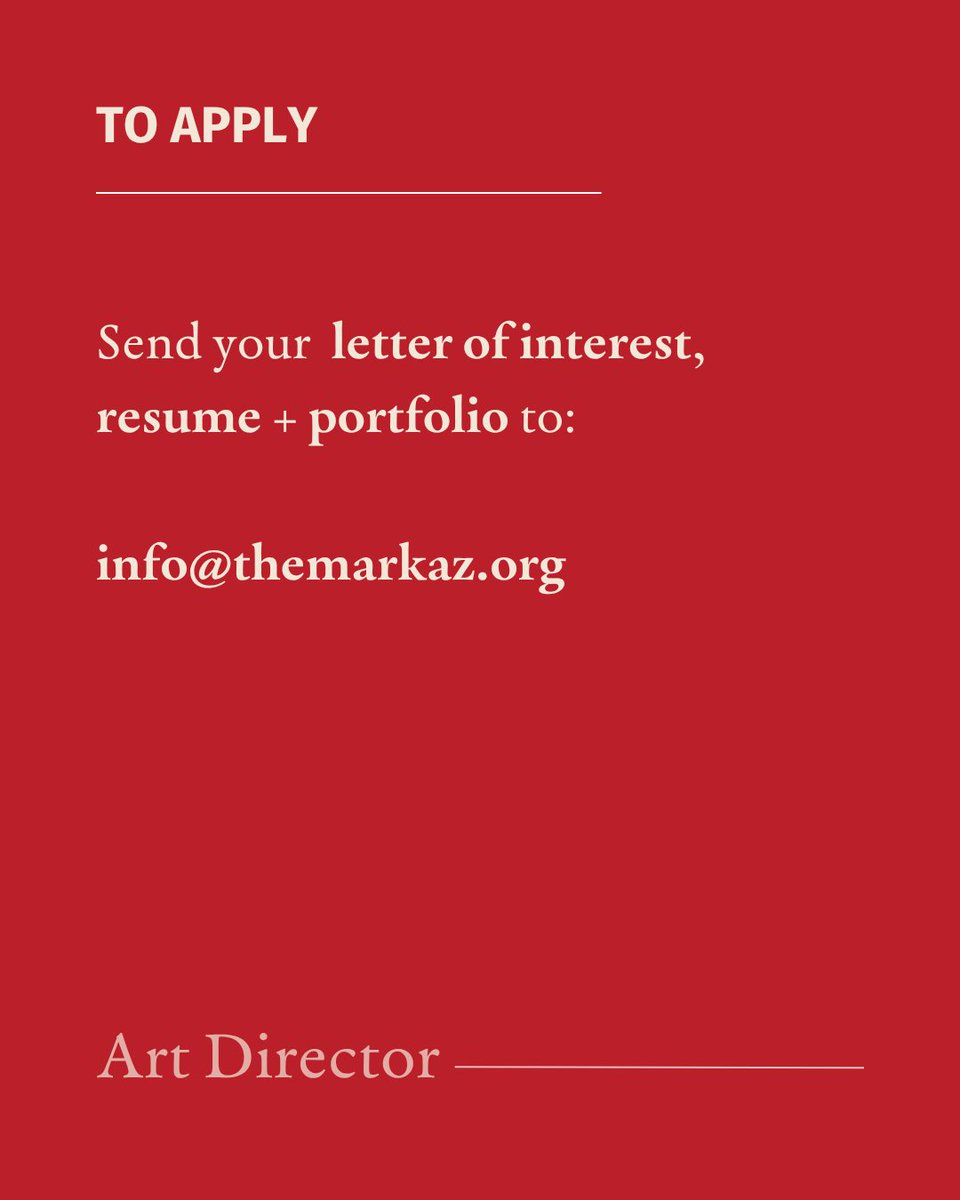 TheMarkazReview's tweet photo. The Markaz Review is seeking a visually-minded, culturally connected Art Director to lead the visual identity and art curation of the review.
📩 Send your letter of interest, resume + portfolio to info@themarkaz.org
#TheMarkazReview #ArtDirector #Hiring #GraphicDesign #Creativejobs #jobopening