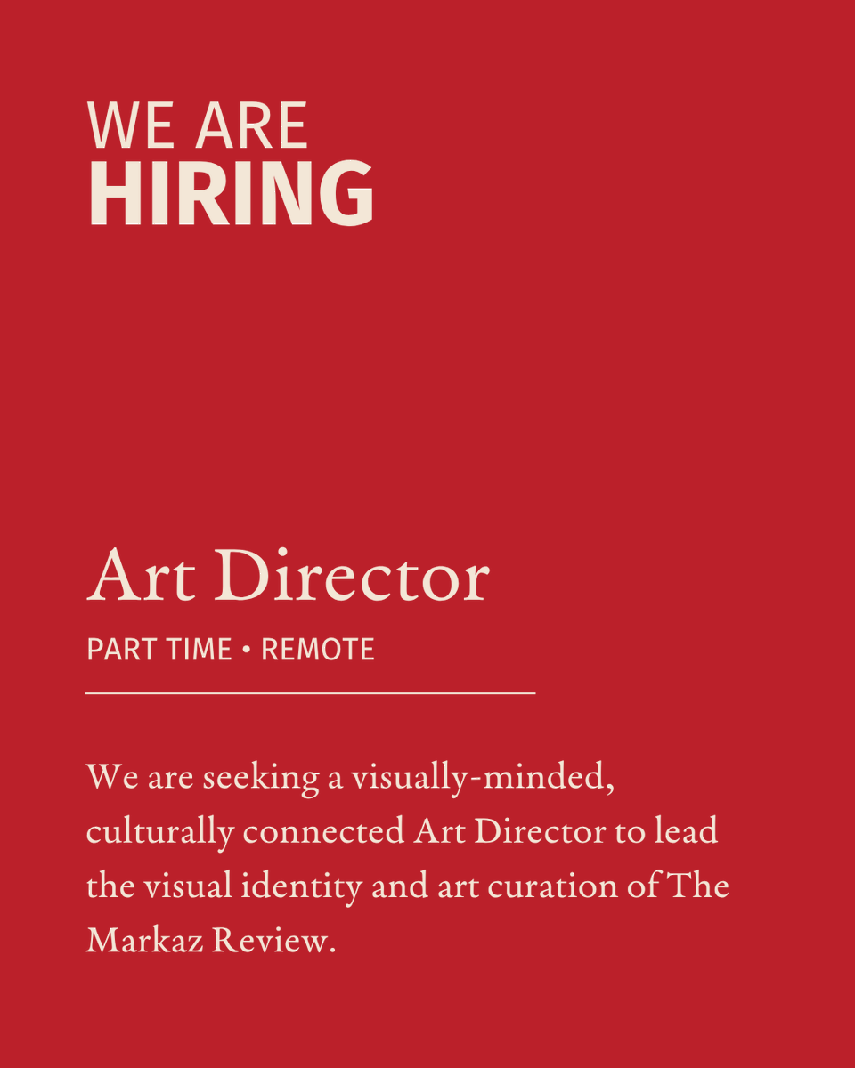TheMarkazReview's tweet photo. The Markaz Review is seeking a visually-minded, culturally connected Art Director to lead the visual identity and art curation of the review.
📩 Send your letter of interest, resume + portfolio to info@themarkaz.org
#TheMarkazReview #ArtDirector #Hiring #GraphicDesign #Creativejobs #jobopening