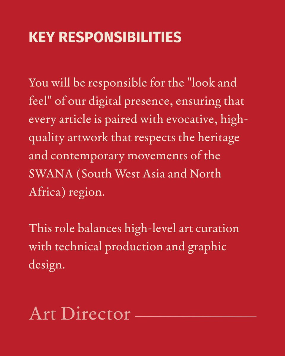 TheMarkazReview's tweet photo. The Markaz Review is seeking a visually-minded, culturally connected Art Director to lead the visual identity and art curation of the review.
📩 Send your letter of interest, resume + portfolio to info@themarkaz.org
#TheMarkazReview #ArtDirector #Hiring #GraphicDesign #Creativejobs #jobopening