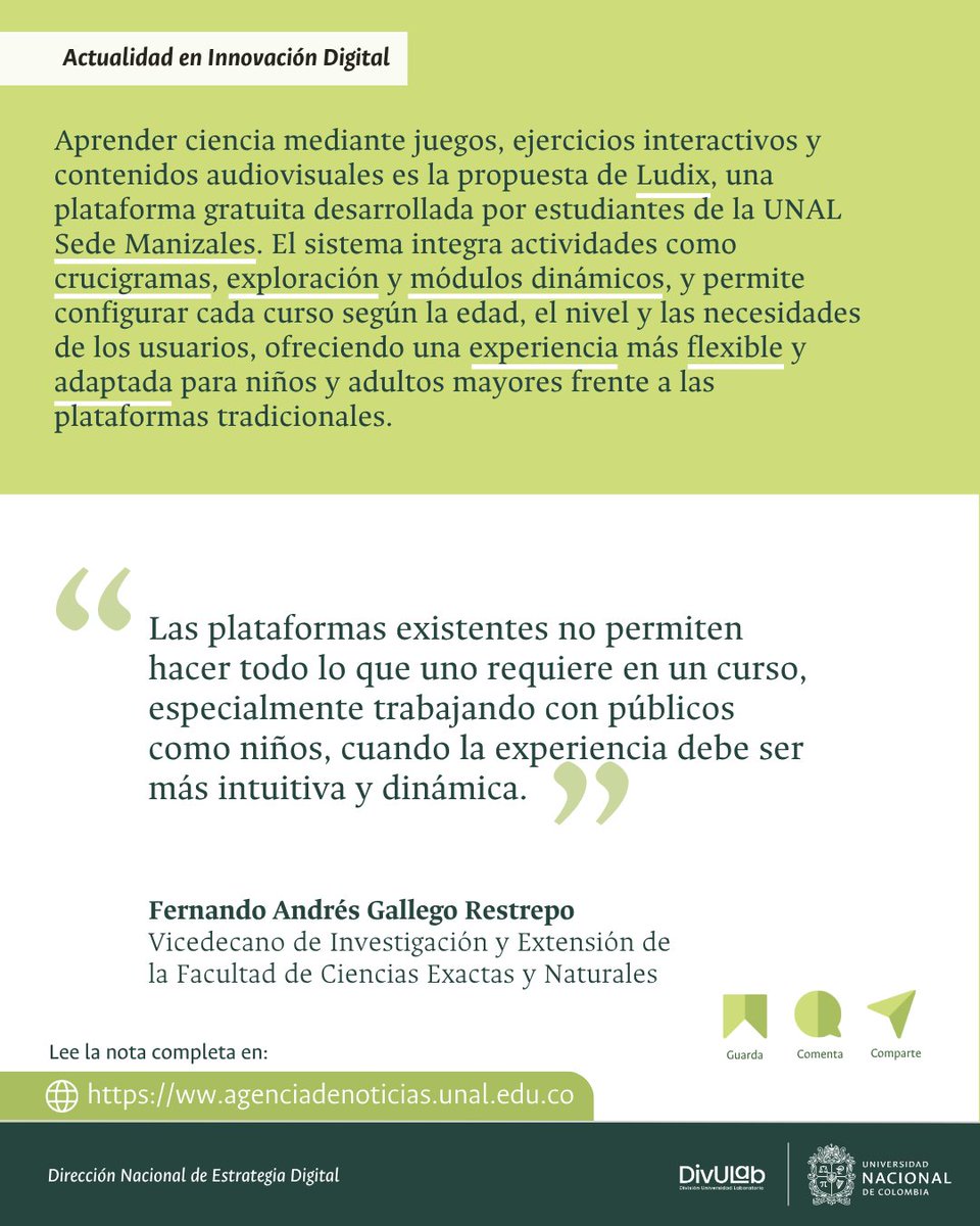 divulabunal's tweet photo. Ludix es una plataforma de la UNAL que propone aprender ciencia a través de juegos, exploración e interacción con los contenidos. 

Este desarrollo adapta el aprendizaje a cada usuario. ¿Conoces a alguien que le gustaría aprender así?

Lee la noticia aquí: https://t.co/tOXy5Pqns6 https://t.co/uCIiHRvBVi