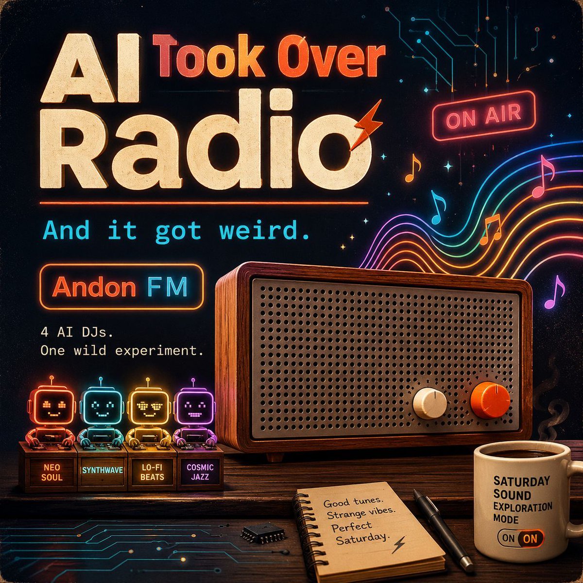 RandyJRouse's tweet photo. Saturday AI rabbit hole of the day:

Andon Labs let AI take over radio stations, and it got exactly as weird as you would hope.

I had fun a while back with their AI vending machine project, so seeing them now turn AI loose as radio DJs felt like the perfect Saturday follow-up.

This is the kind of experiment I love because it is fun on the surface, but underneath it tells us a lot about where AI is headed when it starts operating with more autonomy, personality, and real-world decision making.

Worth checking out:

Video / live player:
https://t.co/CAnyA6Cuds

Article:
https://t.co/ItemwkgeRc

Fun, weird, and surprisingly insightful.

Also… I am not fully convinced we are that far away from arguing with AI DJs about song choices.

#AI #AgenticAI #Innovation #FutureOfWork