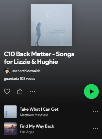 TommenUpdates's tweet photo. 🎶 ¡Chloe Walsh acaba de crear la lista de reproducción de las canciones de C10 de Lizzie y Hughie!

Ha cambiado el título de Back Matter a Book Back Matter Page, por lo que sí, ¡podemos imaginar que son las canciones que irán al final del libro como en todos los demás! https://t.co/IANTrfPj1h