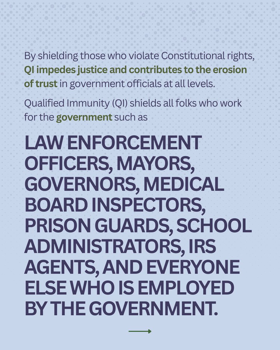 USAgainstQI's tweet photo. Qualified Immunity was created by the courts and has grown into a powerful barrier to accountability. It can deny justice to victims of government misconduct and weaken constitutional protections for everyone. We are working to change that. Learn more at https://t.co/4ihs2oOuTK! https://t.co/1wiCkBXeOV