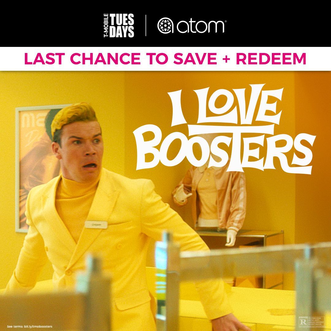 atomtickets's tweet photo. Time is almost up, @TMobile Members! Get your $5 ticket to #ILoveBoosters NOW PLAYING only in theaters. Save your perk in the T-Life app and redeem on #AtomTickets before Sunday at 11:59pm ET. https://t.co/kU8i7PBzQq
