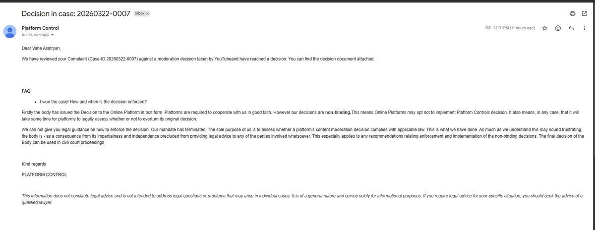 KraxRoblox's tweet photo. @TeamYouTube My channel was wrongfully banned. The EU DSA Dispute Body (PLATFORM CONTROL) just ruled in my favor (Case 20260322-0007), declaring your ban UNLAWFUL. Please review my case and reinstate my channel immediately. I have the official PDF decision ready. https://t.co/DRgbWRrmpd