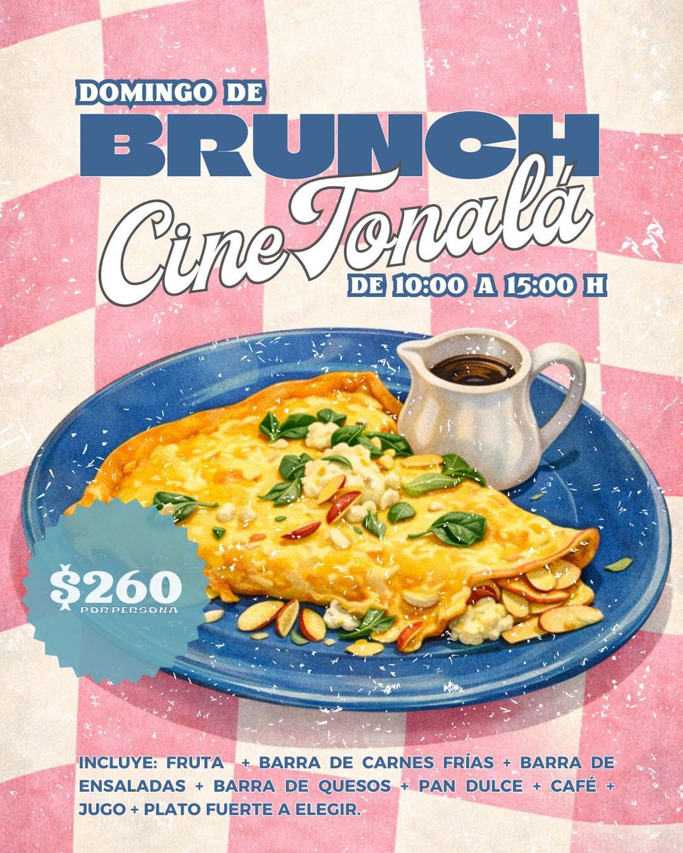 cinetonala's tweet photo. 🌟 ¡Domingos de Brunch en Cine Tonalá! 🌟
Disfruta de un brunch delicioso en un ambiente único todos los domingos 🥞🍳🥂
📅 DOMINGOS
🕙 10:00 a 15:00
📍 Cine Tonalá
¡No te lo pierdas! 📲✨
#BrunchEnCineTonala #CineTonala #DomingosDeBrunch #BrunchTime #PlanPerfecto https://t.co/HjwCMMy1kH