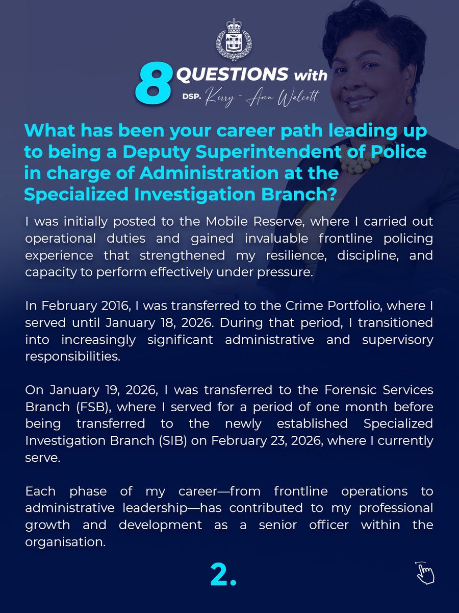 JamaicaConstab's tweet photo. Meet Deputy Superintendent Kerry-Ann Walcott, Administration Officer at the Specialized Investigation Branch.
Learn more about her through these eight questions.
#8QuestionsWith
#OneForce4Good
1/3 https://t.co/0zSpxUbrxr