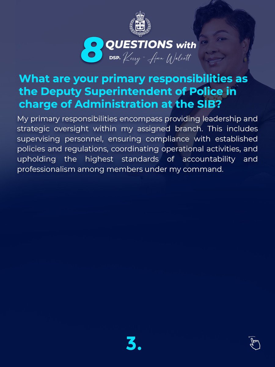 JamaicaConstab's tweet photo. Meet Deputy Superintendent Kerry-Ann Walcott, Administration Officer at the Specialized Investigation Branch.
Learn more about her through these eight questions.
#8QuestionsWith
#OneForce4Good
1/3 https://t.co/0zSpxUbrxr