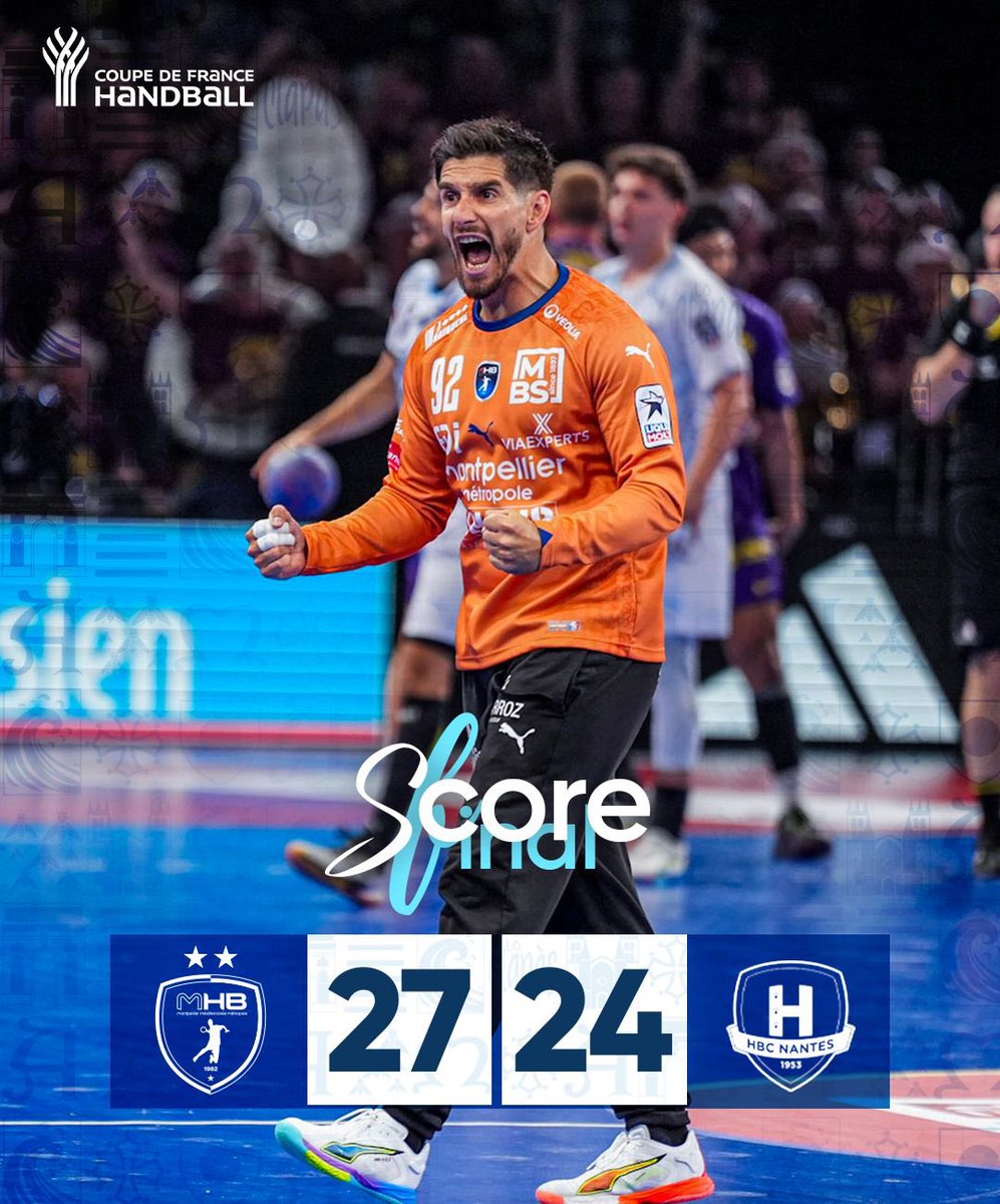 PompiersHerault's tweet photo. #Winners|| Les joueurs du @mhbofficiel décrochent  leur 15ème coupe 🏆 de France 🇫🇷 en battant le @HBCNantes sur le score de 2️⃣7️⃣ à 2️⃣4️⃣ 

Le Contrôleur général Éric Flores &amp; les sapeurs-#pompiers de l’#Hérault félicitent joueurs, staff &amp; le Président @JulienDeljarry #GoodJob 👏🏻 https://t.co/MVtx9BDIZd