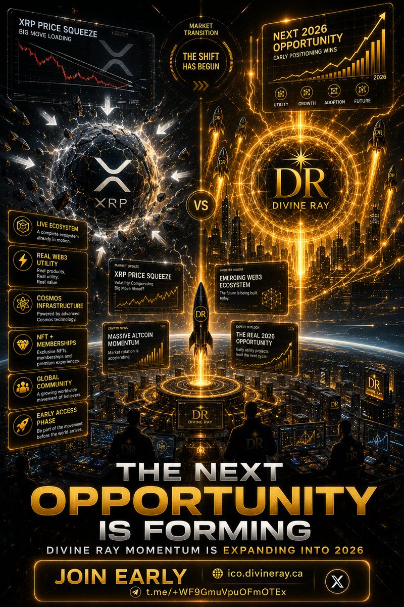 divinerayapp's tweet photo. 🚀 XRP may be preparing for a major move but attention is also shifting toward the next emerging Web3 ecosystems with real momentum behind them.

Divine Ray is building beyond speculation with a live platform, growing community, and expanding utility already in motion.

⚡ Live Mobile App
⚡ NFT + Membership Ecosystem
⚡ Cosmos Infrastructure
⚡ Expanding Global Community

The next cycle rewards early positioning.

📰 https://t.co/915zrLsFZw
🌐 https://t.co/VXKO2N9sab

📲 Join Telegram:
https://t.co/lCocMaQsro

📱 Android:
https://t.co/hg0RtDESJe

🍎 iPhone:
https://t.co/T7w8NzPGIS

#DivineRay
#XRP
#Crypto
#Web3
#Altcoins